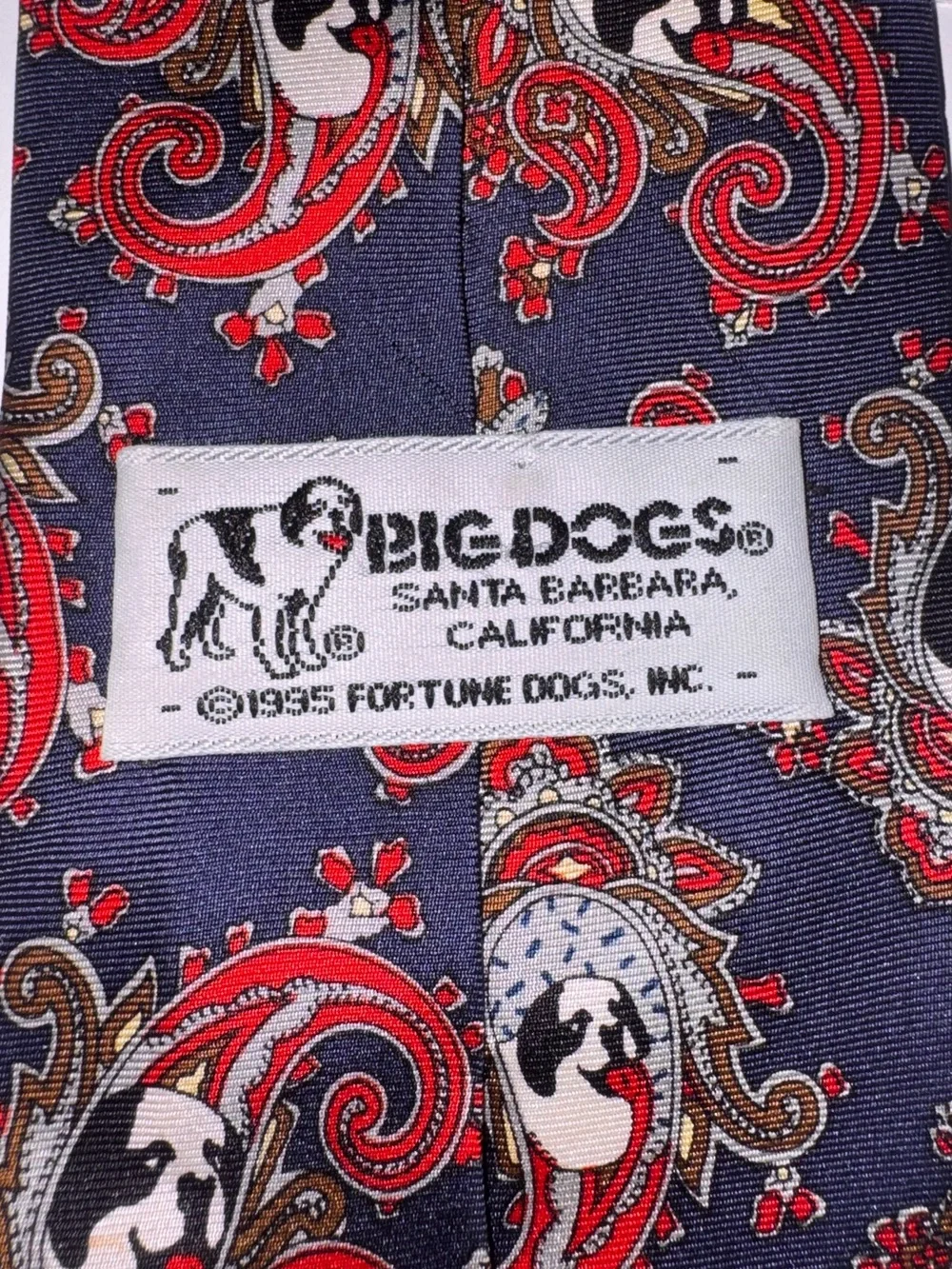 100% Silk Handmade Vintage “Big Dogs” Men's Navy and Red Paisley Patterned Tie
